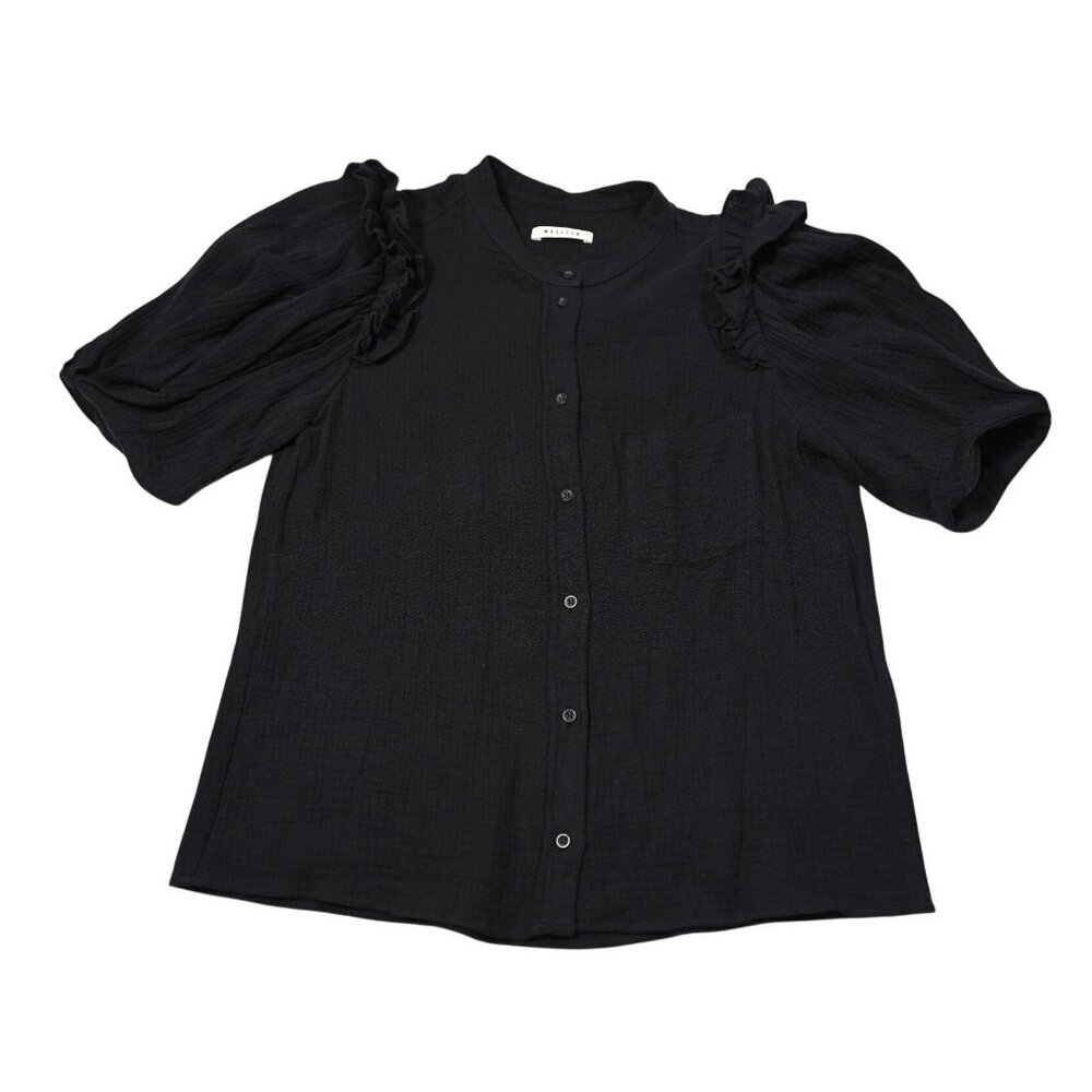 Masscob Button Up Ruffle Top in Black